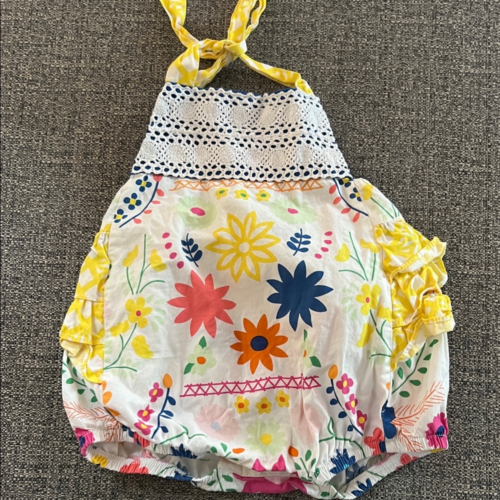 Girls' Yellow Floral Halter Romper - Casual Summer Dress